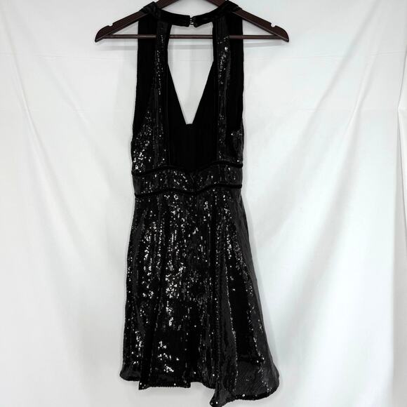 Free People Size 4 Black Sequin Halter Dress Velvet Trim Open Back Holiday Party - Picture 2 of 6